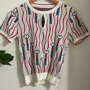 Stylish Women's Patterned Blouse - Red, Blue, White